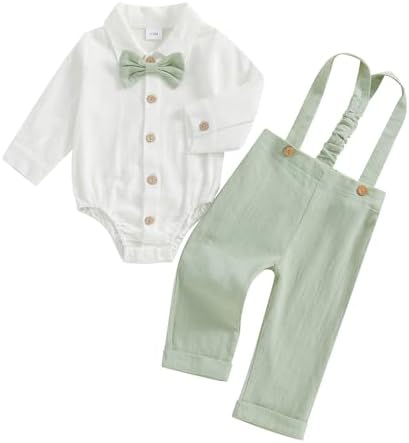 Newborn Baby Boy Bowtie Romper Set with Owsl Overalls