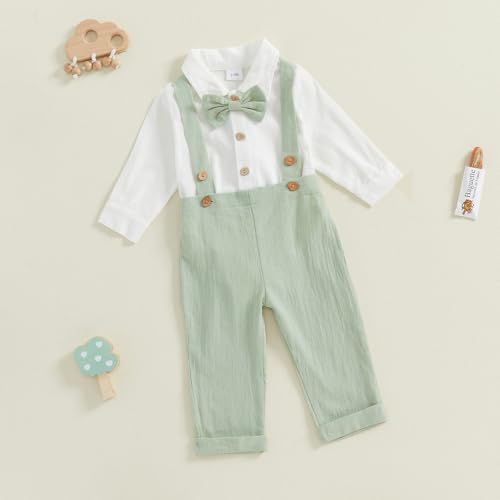 Newborn Baby Boy Bowtie Romper Set with Owsl Overalls