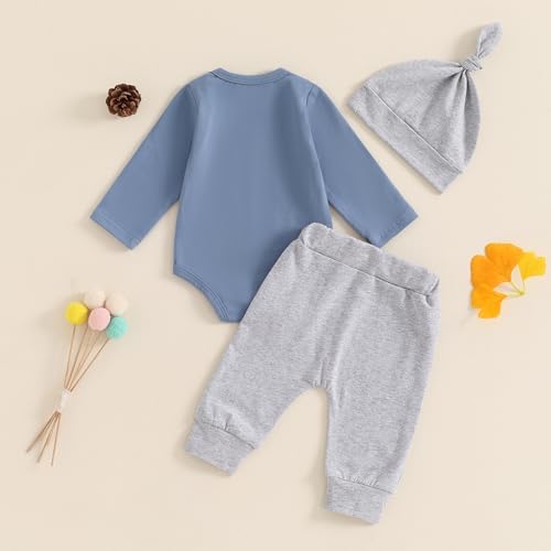 Newborn Baby Boy Fall Outfit Romper Pants Hat Set 3 Pcs