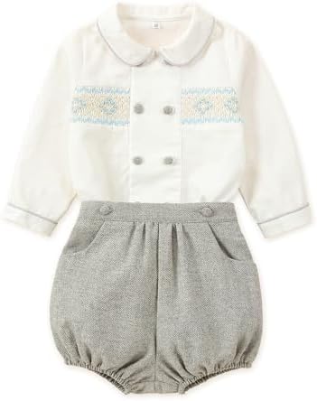 Twoflower Toddler Boy Smocked Outfit Fall Clothing Long Sleeve Button Down