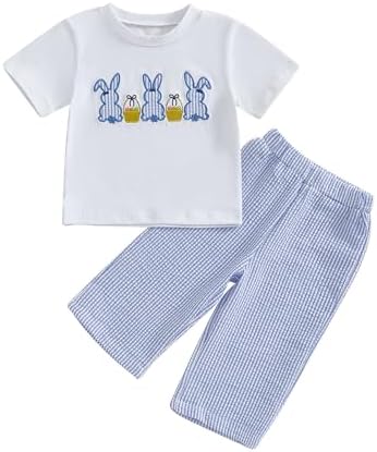 Easter Baby Boy Bunny Embroidery T-Shirt Plaid Pants Set