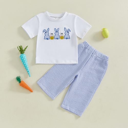 Easter Baby Boy Bunny Embroidery T-Shirt Plaid Pants Set