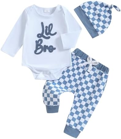 Newborn Bundle Fall Romper Pants Hat Set Lil SisBro Checking Out
