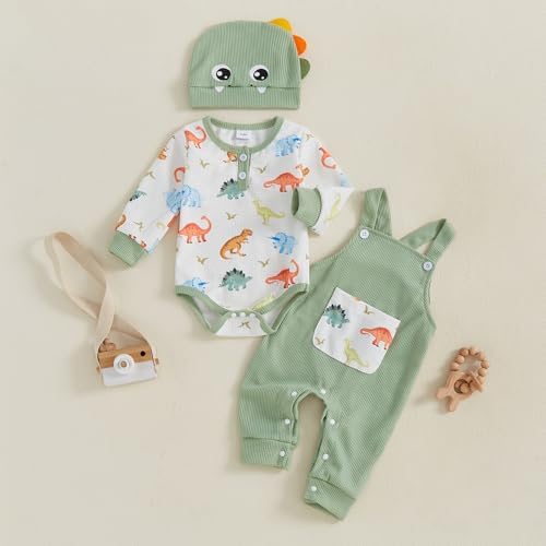 Newborn Boy Dinosaur Adorably Cozy Romper Set Overalls Hat