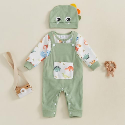 Newborn Boy Dinosaur Adorably Cozy Romper Set Overalls Hat