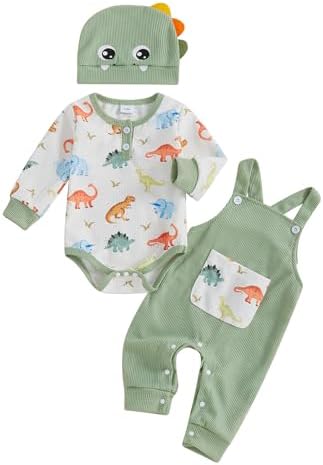 Newborn Boy Dinosaur Adorably Cozy Romper Set Overalls Hat