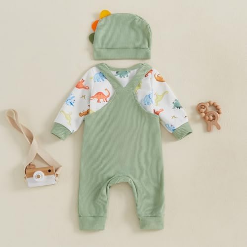 Newborn Boy Dinosaur Adorably Cozy Romper Set Overalls Hat