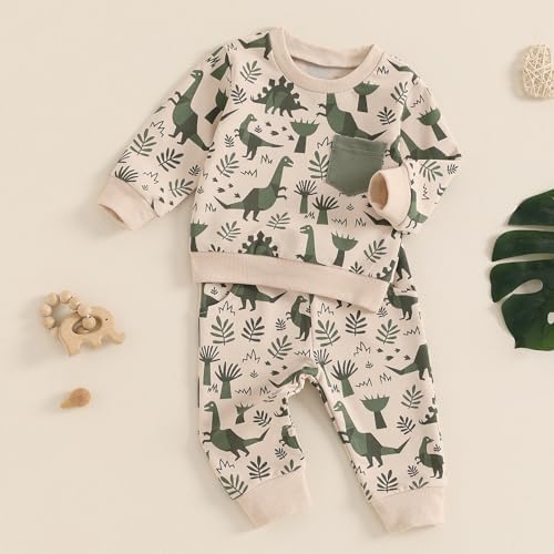 Baorji Toddler Boys Fall Outfits Dinosaur Print Pocketlong Sets