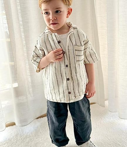 Muslin Boys Sets 100 Cotton Summer Set Pocket Shirt Drawstring Pants