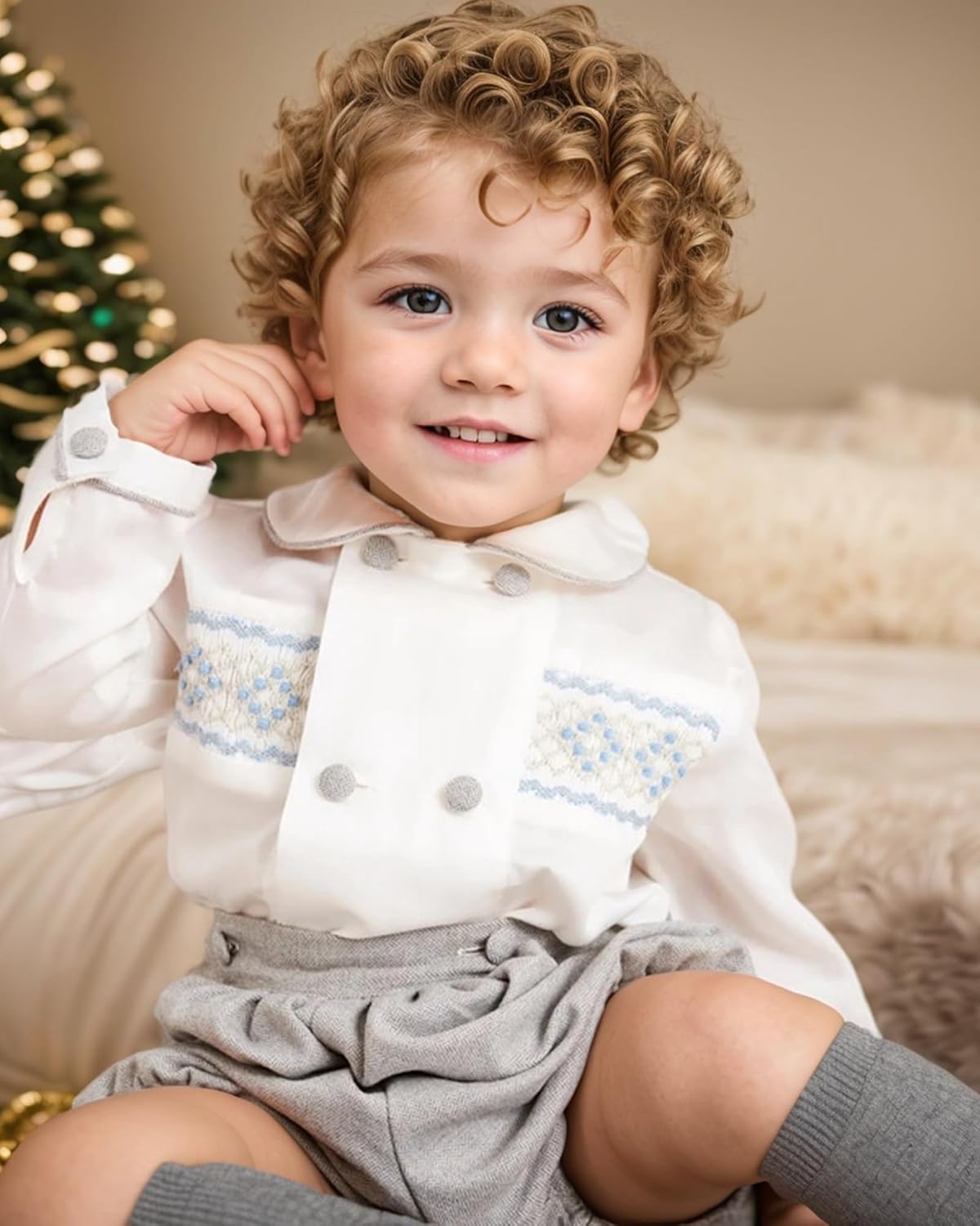 Twoflower Toddler Boy Smocked Outfit Fall Clothing Long Sleeve Button Down