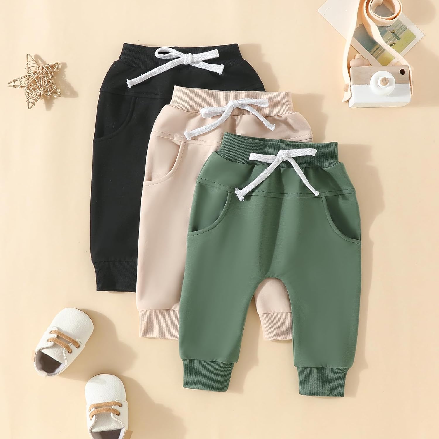 Baby Boys Sweatpants 3 Pack Solid Elastic Waist Jogger Pants Fall Winter printlns