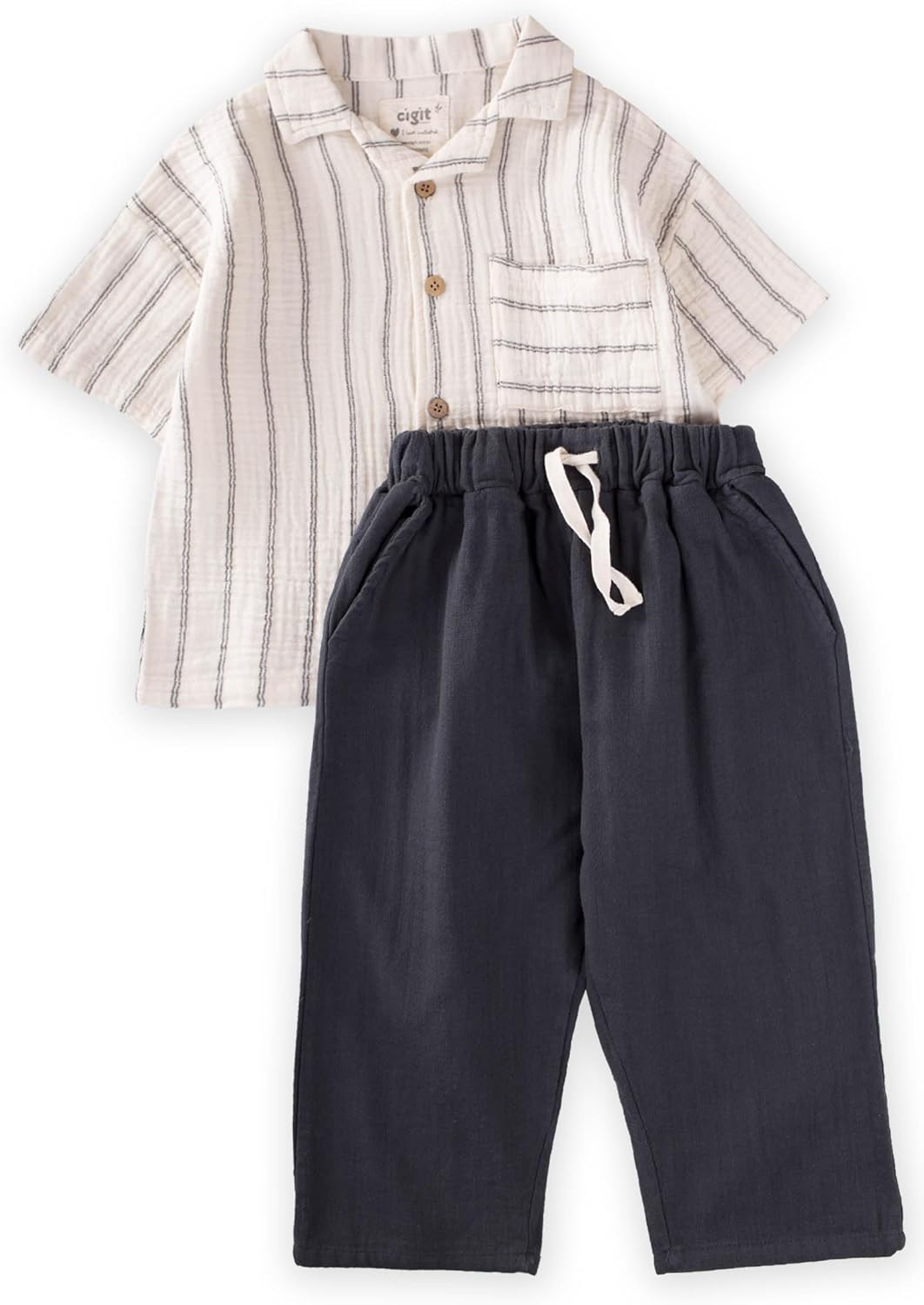 Muslin Boys Sets 100 Cotton Summer Set Pocket Shirt Drawstring Pants