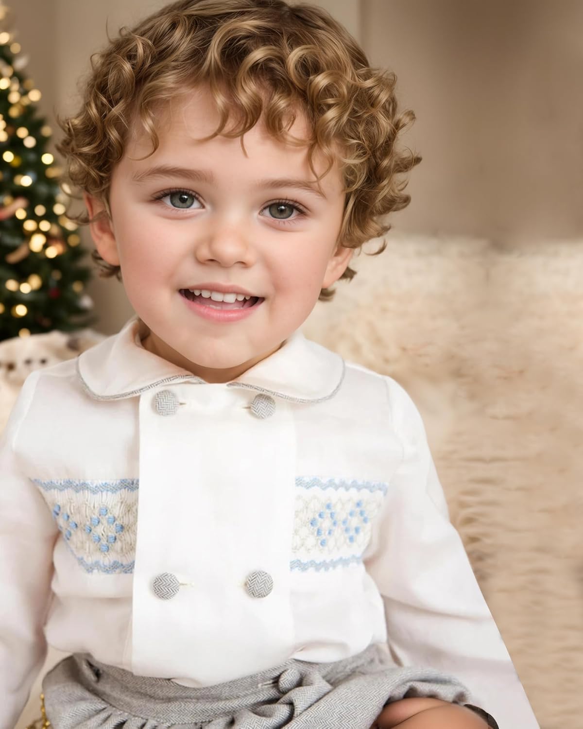 Twoflower Toddler Boy Smocked Outfit Fall Clothing Long Sleeve Button Down