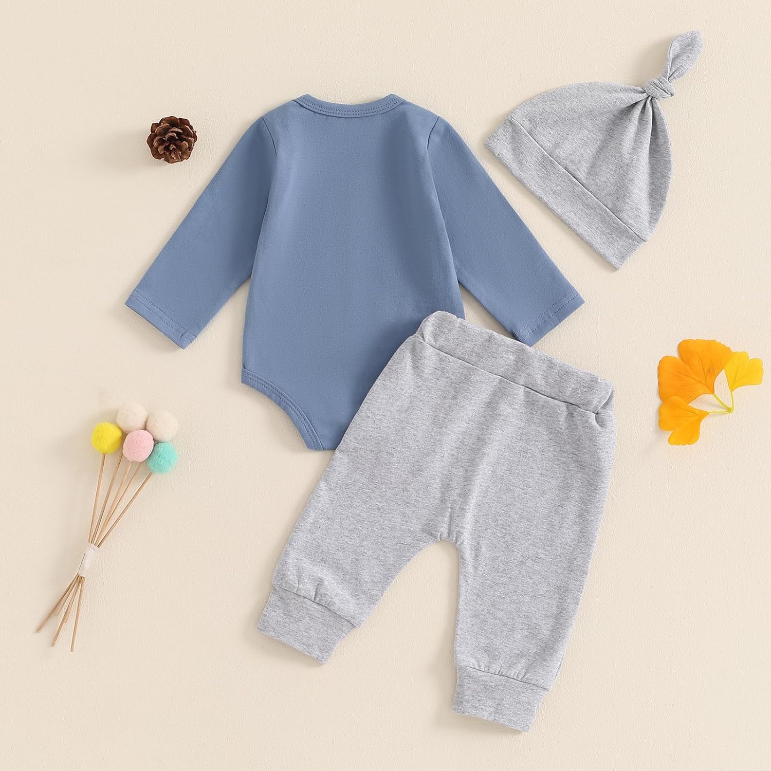Newborn Baby Boy Fall Outfit Romper Pants Hat Set 3 Pcs