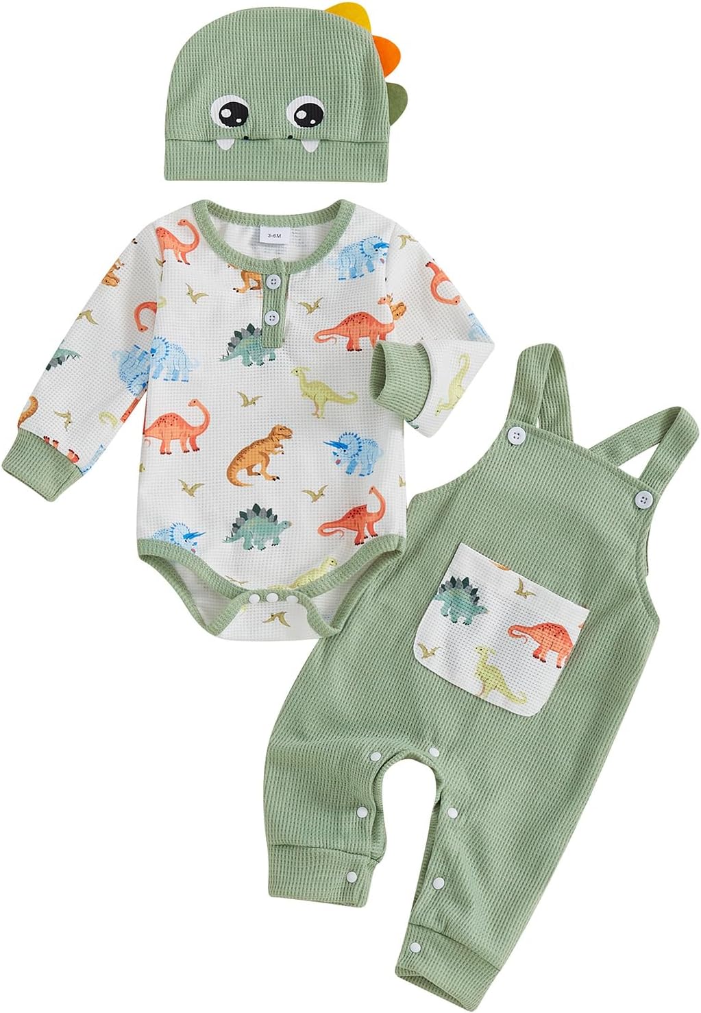 Newborn Boy Dinosaur Adorably Cozy Romper Set Overalls Hat