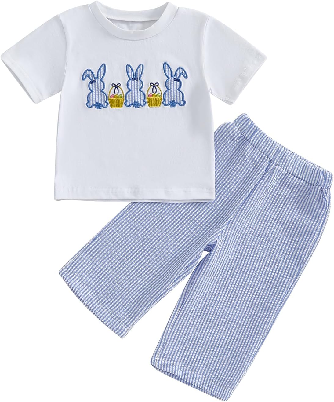 Easter Baby Boy Bunny Embroidery T-Shirt Plaid Pants Set