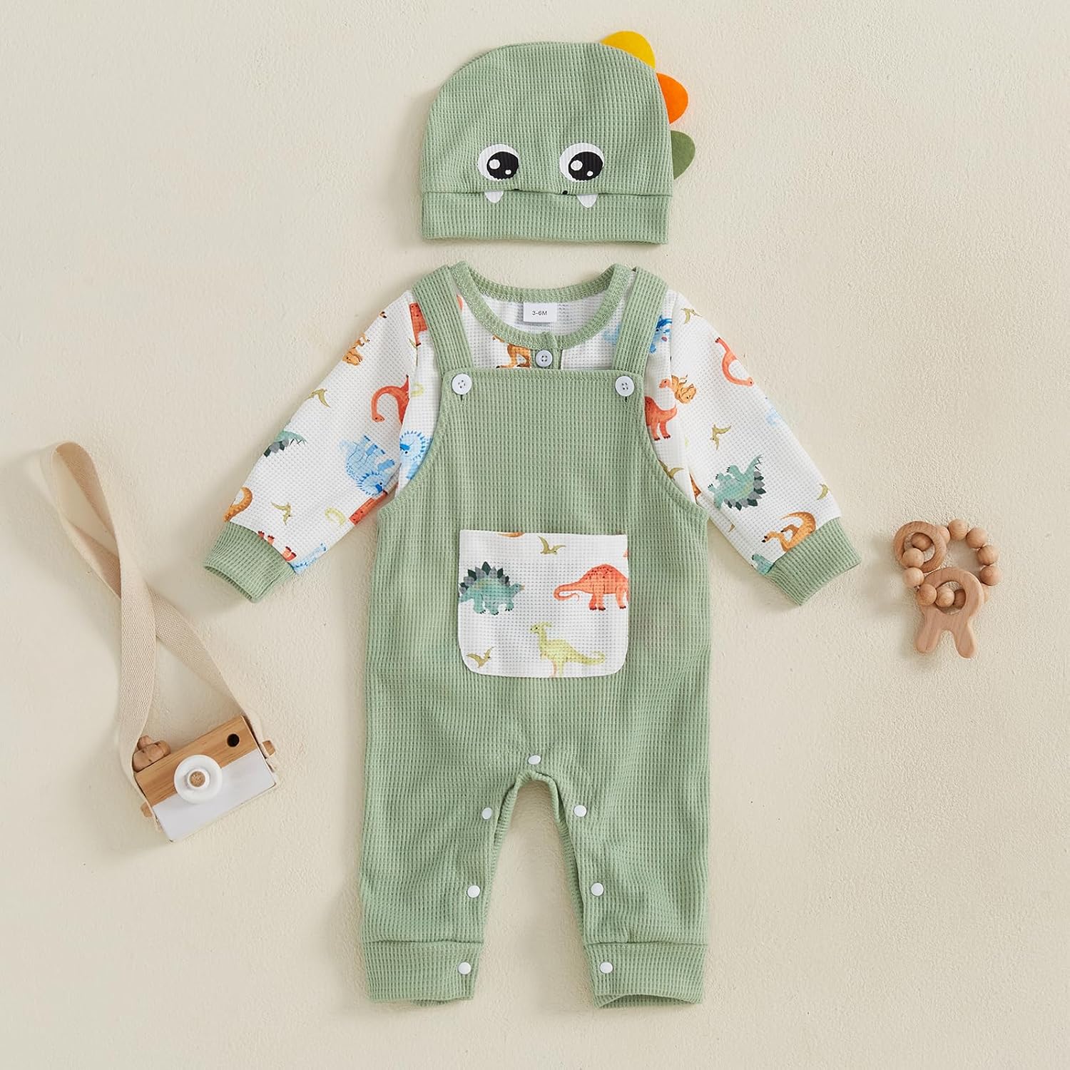 Newborn Boy Dinosaur Adorably Cozy Romper Set Overalls Hat