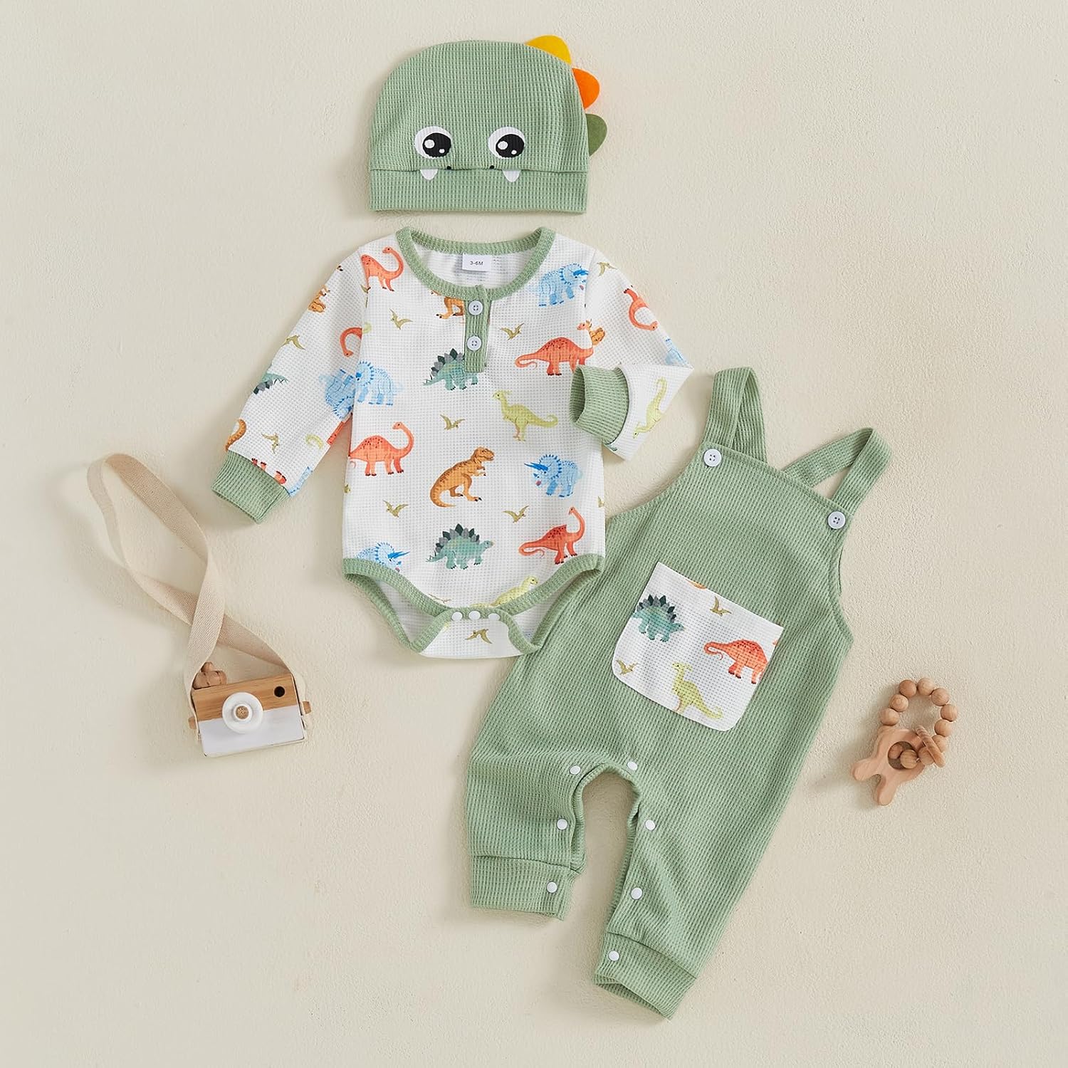 Newborn Boy Dinosaur Adorably Cozy Romper Set Overalls Hat