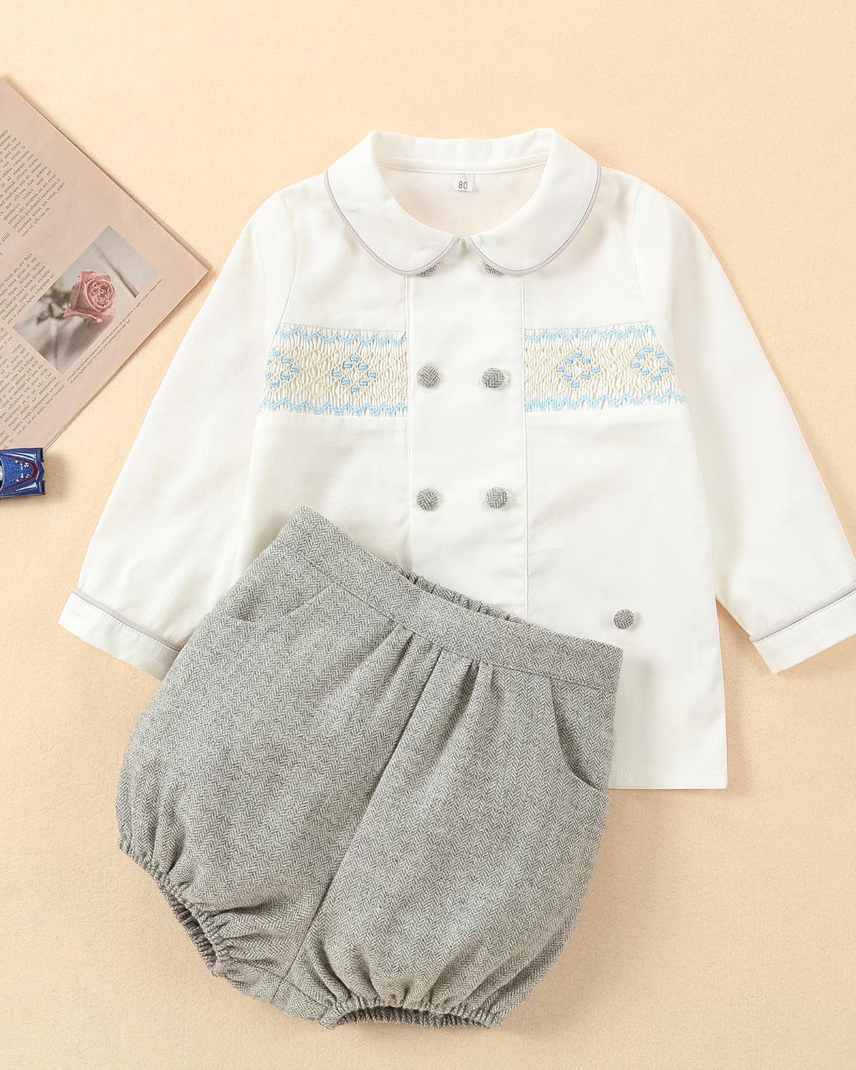Twoflower Toddler Boy Smocked Outfit Fall Clothing Long Sleeve Button Down