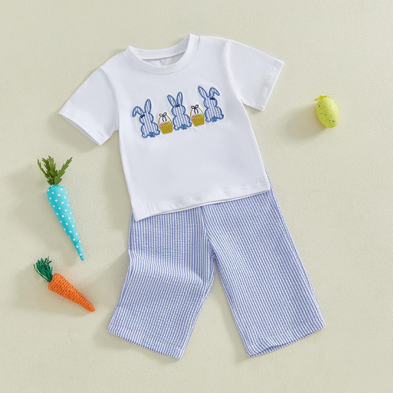 Easter Baby Boy Bunny Embroidery T-Shirt Plaid Pants Set