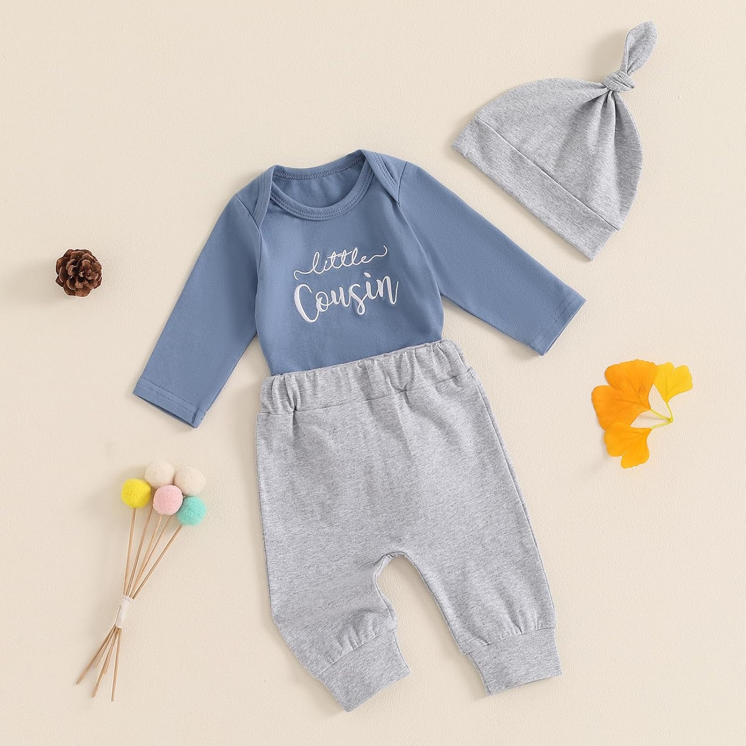Newborn Baby Boy Fall Outfit Romper Pants Hat Set 3 Pcs