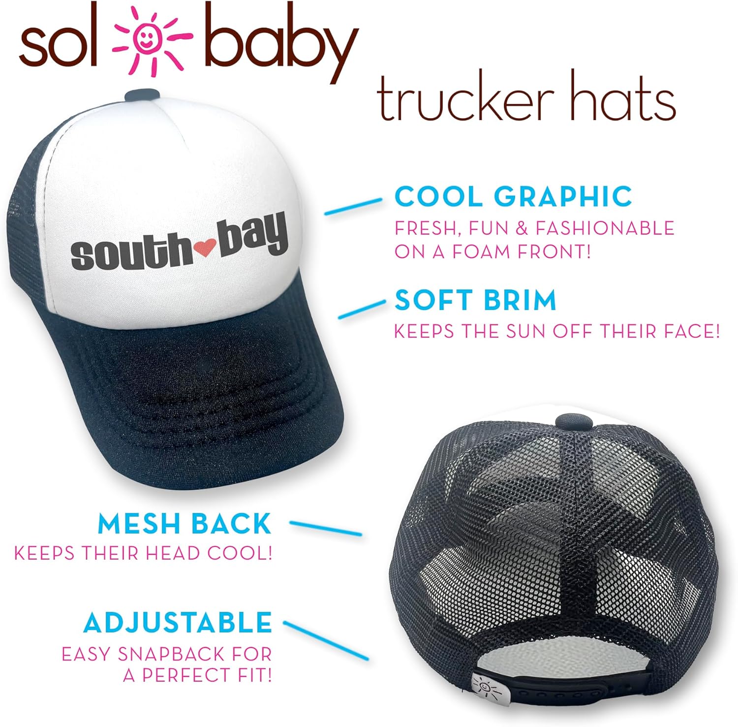Sol Baby South Bay Love Black Adjustable Snapback Mesh Trucker Hat