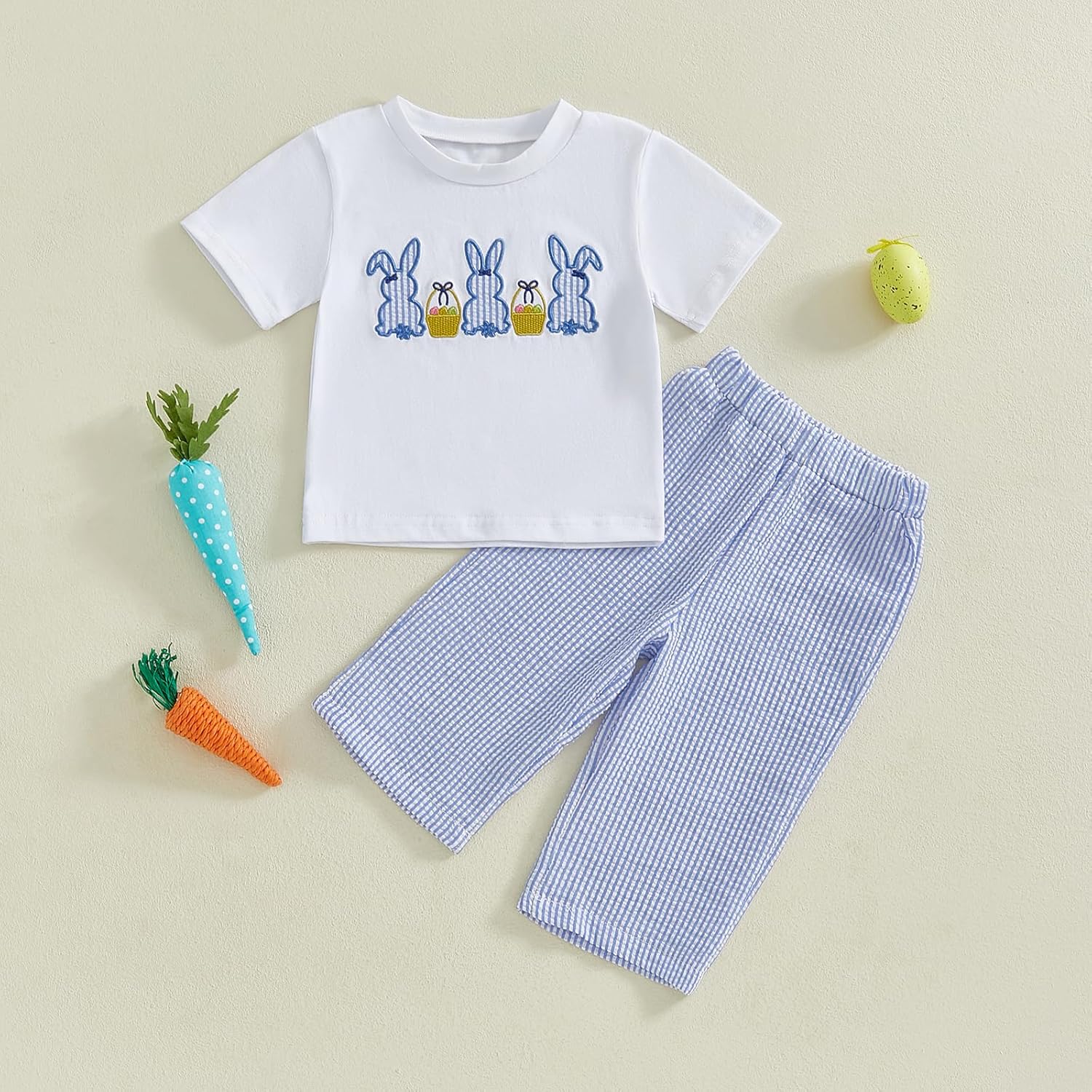 Easter Baby Boy Bunny Embroidery T-Shirt Plaid Pants Set