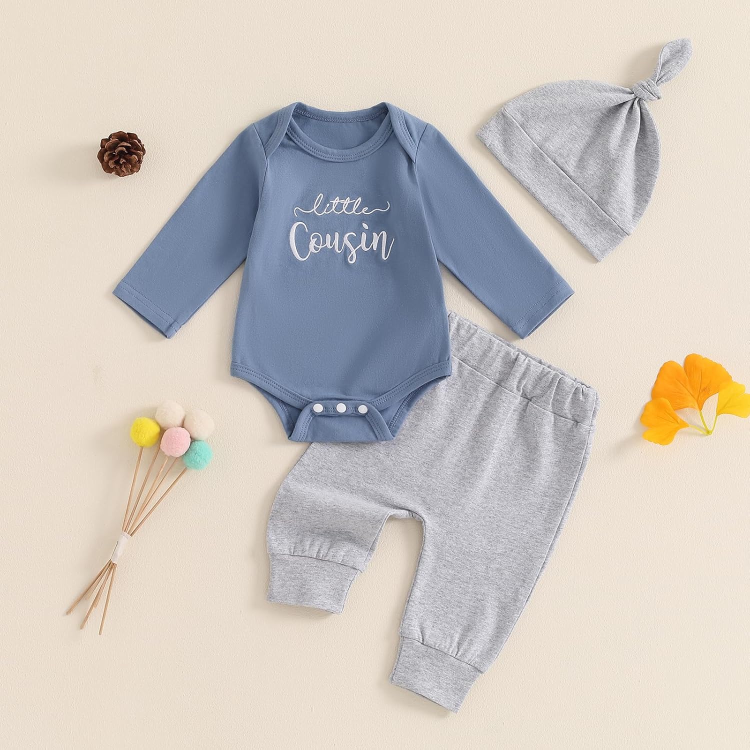 Newborn Baby Boy Fall Outfit Romper Pants Hat Set 3 Pcs