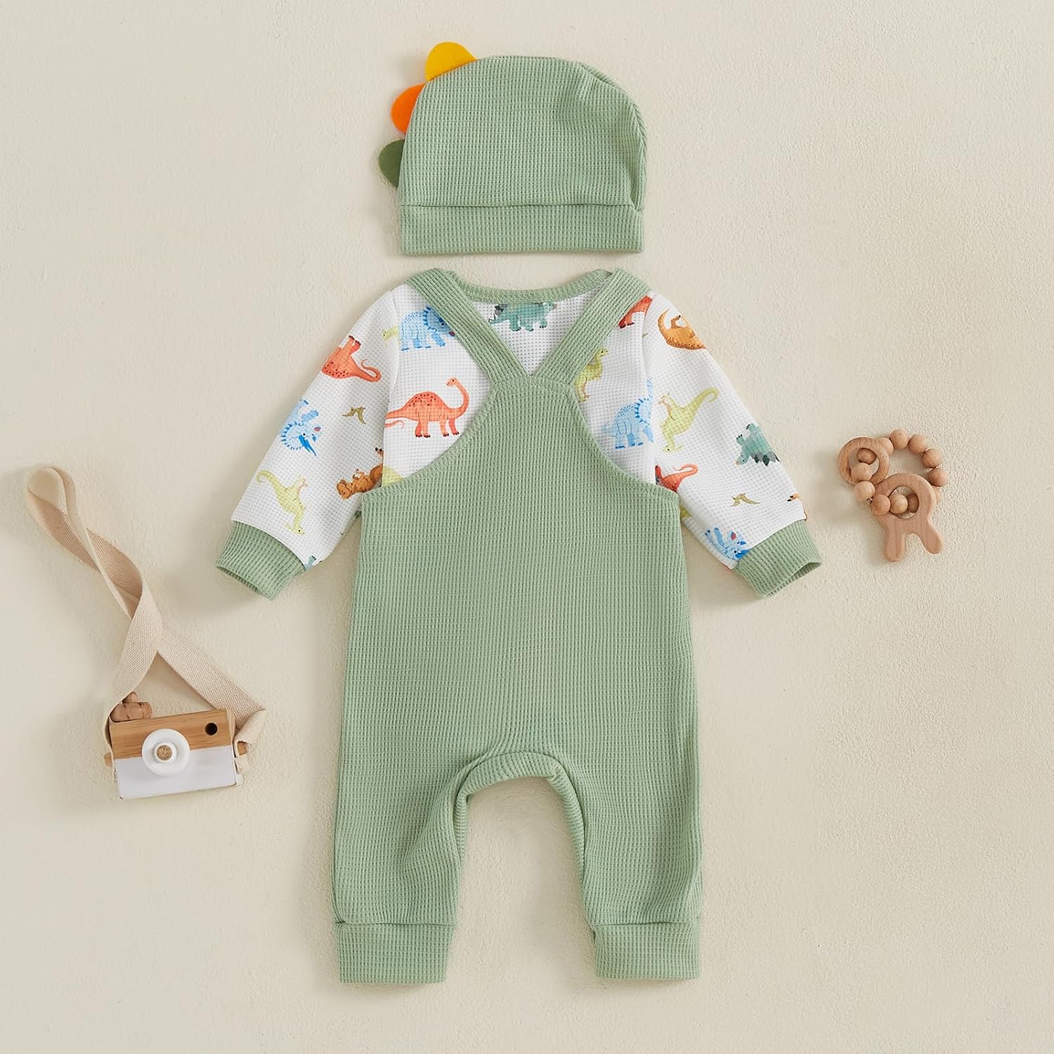 Newborn Boy Dinosaur Adorably Cozy Romper Set Overalls Hat